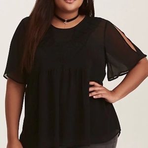 Torrid Black Crinkled Chiffon Lace Trim Top